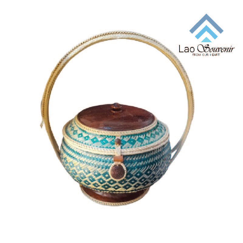 Récipient de riz gluant du Laos tissé à la main - Édition verte l : 12 cm h : 25 cm 279 g