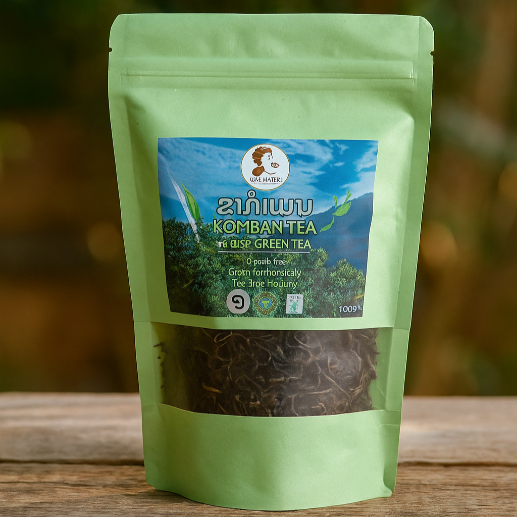 Green tea package with visible brand label on a wooden surface