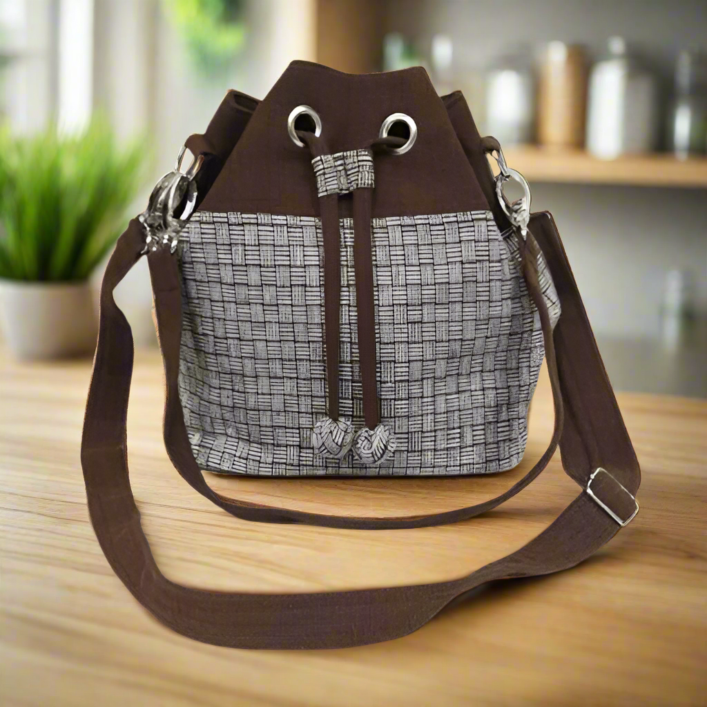 Chic Brown and Gray Patterned Bucket Bag | Handmade | 100% Cotton | Made in Laos