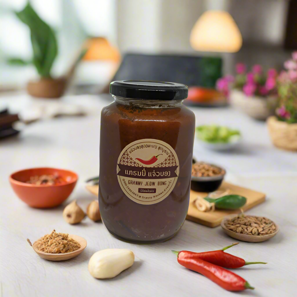A 500g glass jar of Granny Kitchen Jaew Bong chili paste, with a label displaying the product name and an illustration of a bird. The jar is placed on a table with various condiments and spices around it, including a small bowl of rice, a red chili, and spices.