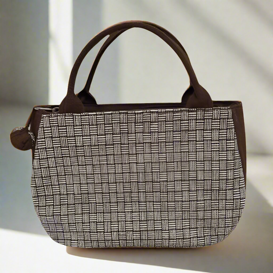 Handcrafted Brown and White Checkered Cotton Tote Bag | 100% Cotton | Made in Laos