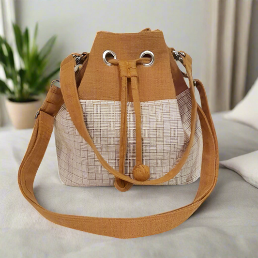 Handcrafted Brown and White Checkered Drawstring Bag | 100% Cotton | Made in Laos