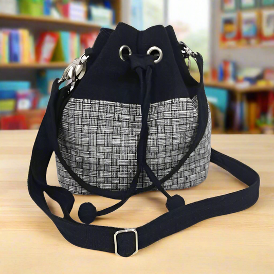 Handmade Black and Gray Drawstring Bucket Bag | 100% Cotton | Made in Laos