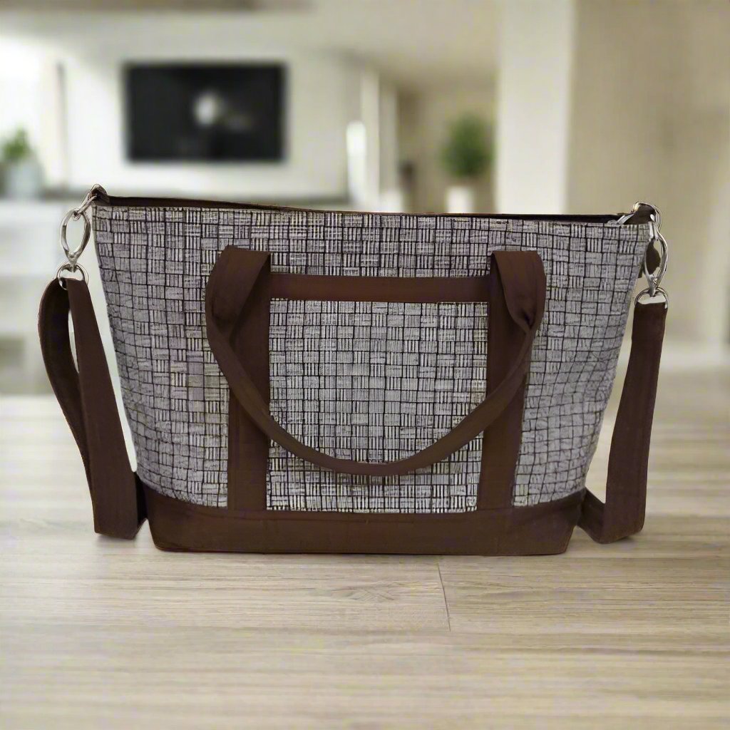 Handmade Brown and White Checkered Tote Bag with Adjustable Strap | 100% Cotton | Made in Laos