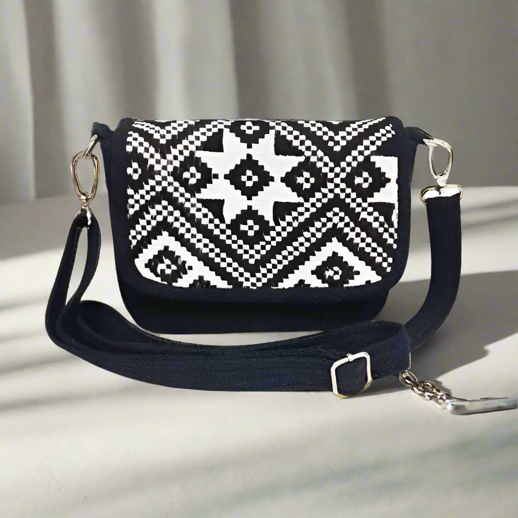 Handwoven Black and White Geometric Shoulder Bag | 100% Cotton | Handmade in Laos