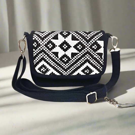 Handwoven Black and White Geometric Shoulder Bag | 100% Cotton | Handmade in Laos