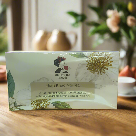 Komean Koui Ing Tea – Hom Khao Mai Tea box containing 20 sachets, packaged in a decorative paper box with traditional Lao design elements