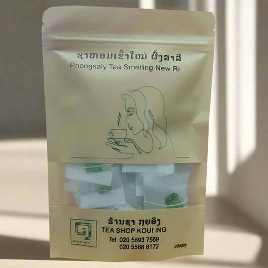 Koui Ing Tea – Hom Khao Mai Tea, 20 sachets packed in an eco-friendly paper bag with traditional Lao design.