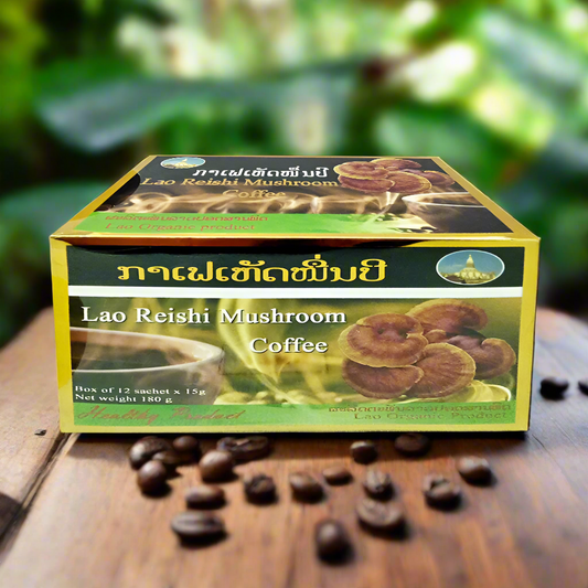 A box of Lao Reishi Mushroom Coffee with text and images depicting mushrooms and coffee beans, indicating a product that combines coffee with Reishi mushrooms.