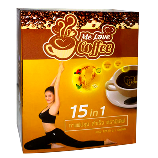 Packaging for Me Love Coffee Instant Coffee 15 in 1, showing a woman performing an exercise and the coffee cups with various toppings.
