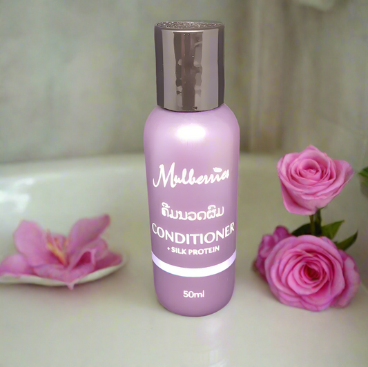 Mulberries Conditioner in a 50ml bottle, natural and gentle hair care made in Laos.