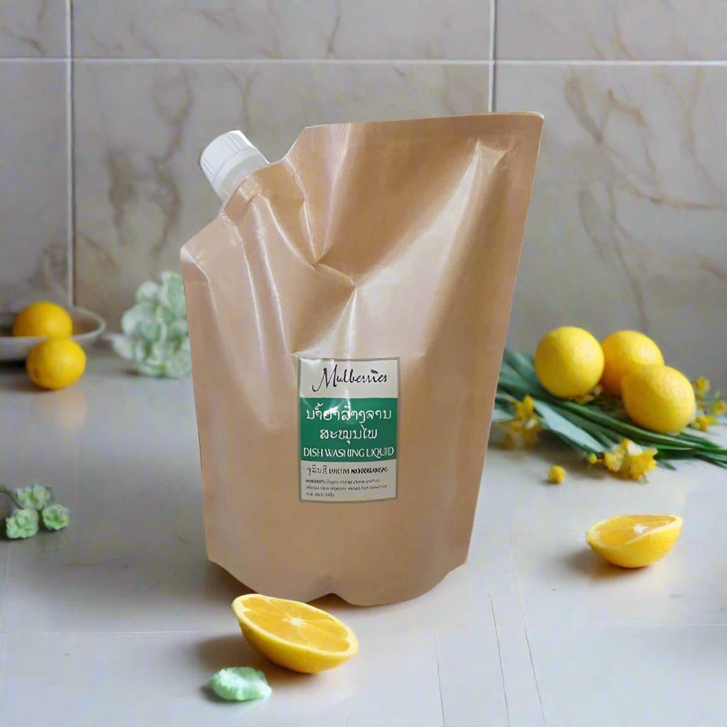A brown paper bottle of Mulberries Dish Washing Liquid placed on a light surface with lemon slices and green leaves around it, indicating its natural cleaning properties.
