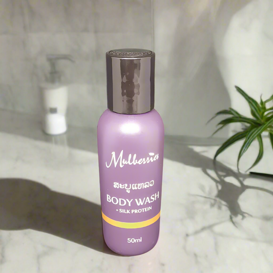 Mulberries Body Wash with silk protein in a 50ml bottle, luxurious and natural skin cleanser from Laos.