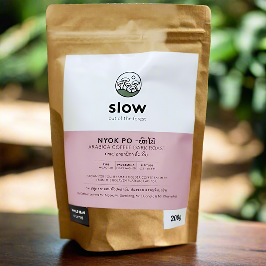 A packaged bag of Slow NYOK PO Arabica Coffee Dark Roast, with product information and branding visible.