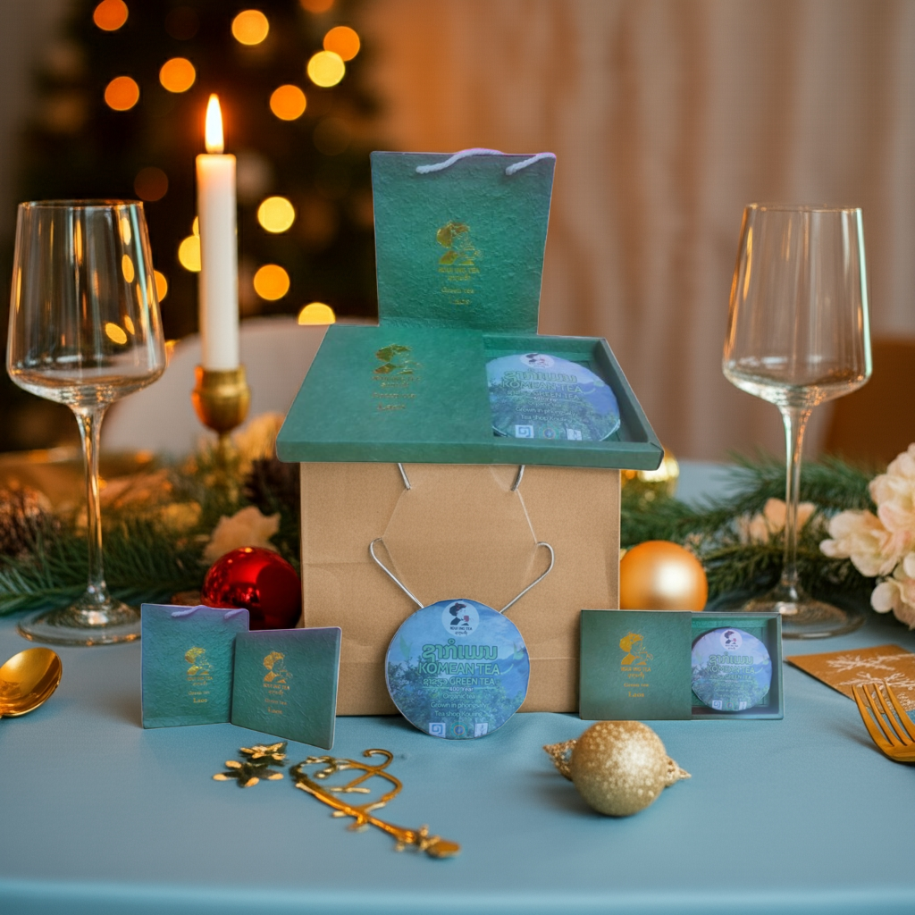 Teal gift box with decorative items on a table with a blurred festive background