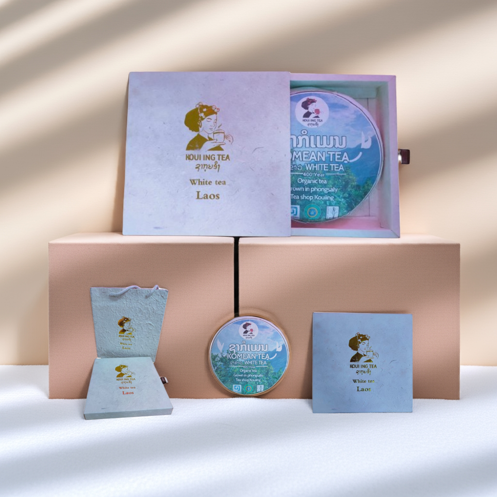 Tea packaging set with tea bags and a box on a white surface