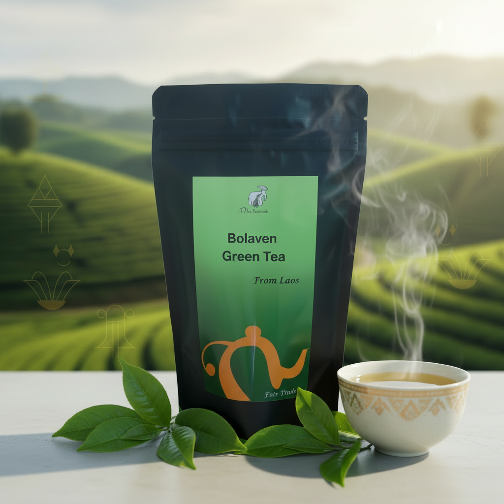 Bag of Bolaven Green Tea on a picnic table with food and drinks in the background