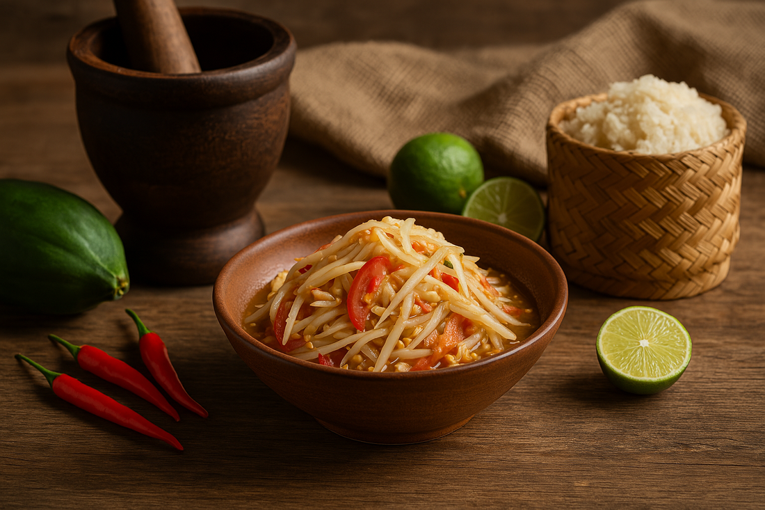 Traditional Lao papaya salad (Tam Mak Hoong) served in a wooden bowl with mortar, pestle, sticky rice basket, and fresh chili—capturing the rustic charm of Lao home cooking.