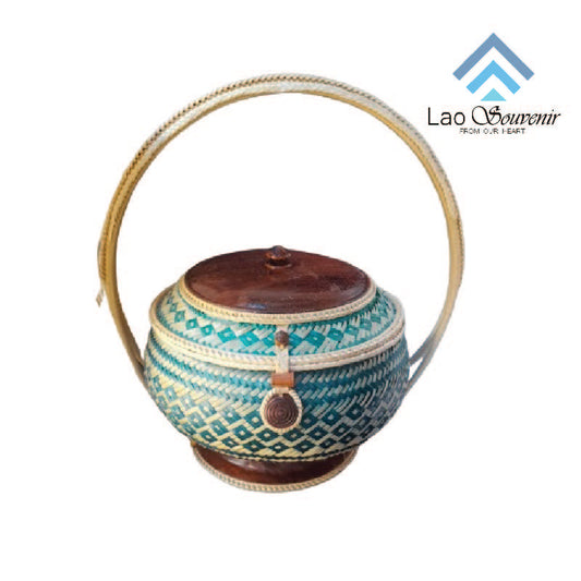 Handwoven Lao Sticky Rice Container - Green Edition w: 12cm h: 25cm 279g