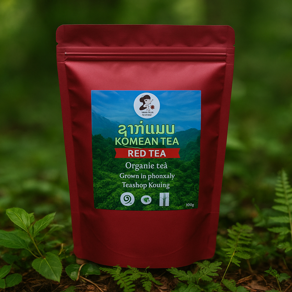 Red Komean Tea package with a green label on a natural background