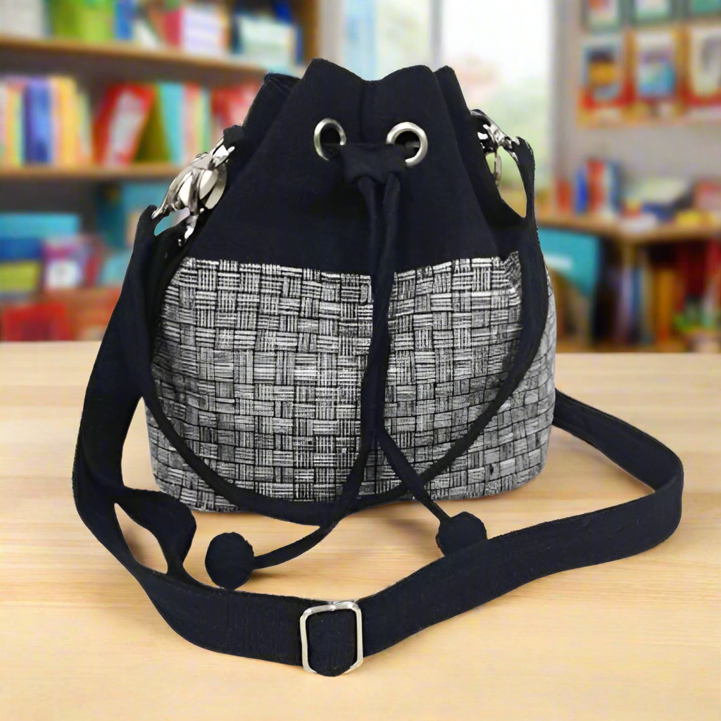 Handmade Black and Gray Drawstring Bucket Bag | 100% Cotton | Made in Laos