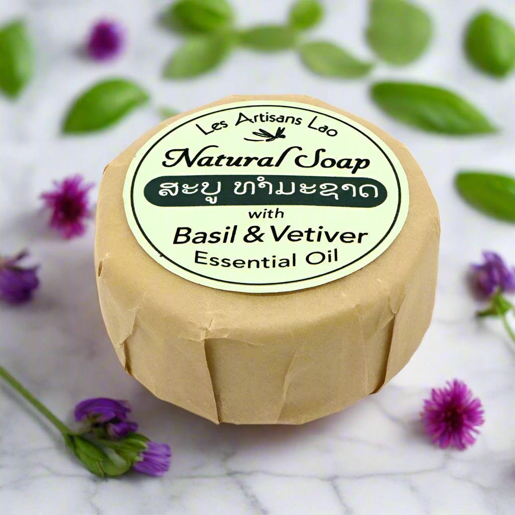 Lao Natural Soap with Basil & Vetiver Essential Oil 100g