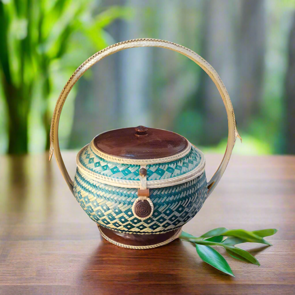 Artisan Lao Handwoven Lao Sticky Rice Container - Green E... β Lao Souvenir