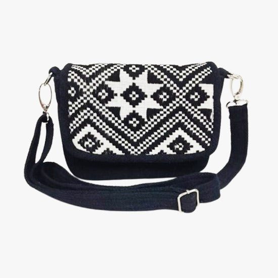 Handwoven Black and White Geometric Shoulder Bag | 100% Cotton | Handmade in Laos