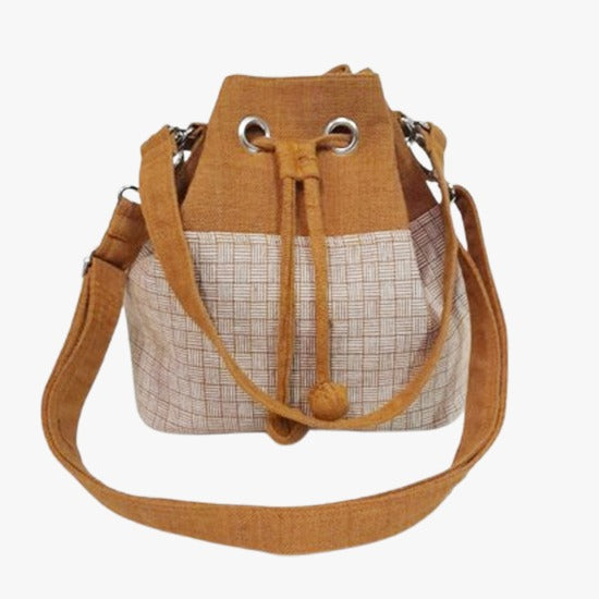 Handcrafted Brown and White Checkered Drawstring Bag | 100% Cotton | Made in Laos