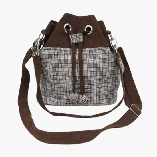 Chic Brown and Gray Patterned Bucket Bag | Handmade | 100% Cotton | Made in Laos