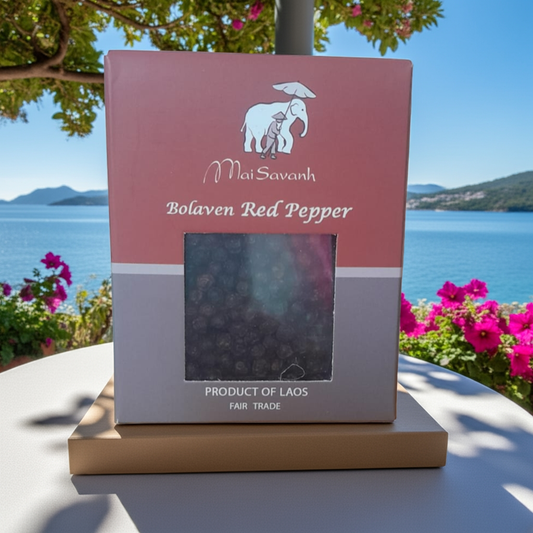 Bolaven Red Pepper packaging with scenic background